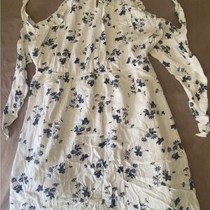 American Eagle Outfitters White Floral Midi Dress with Blue Print
